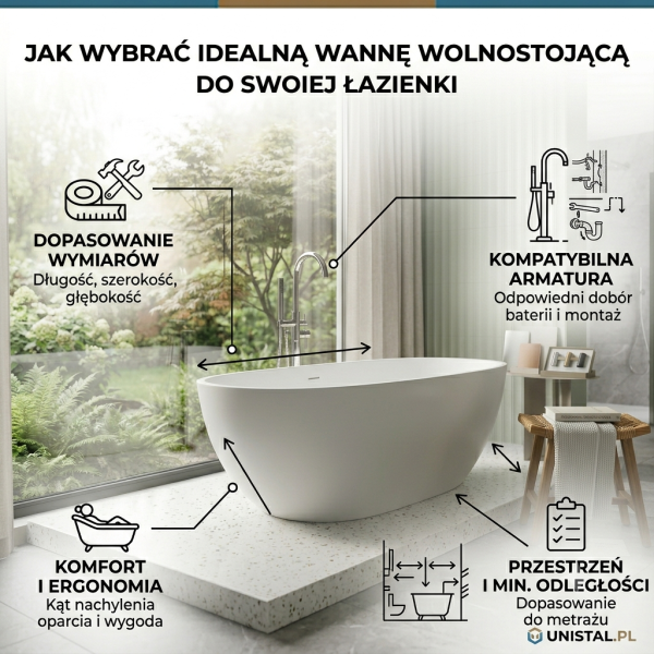 Infografika przedstawiająca jasną, nowoczesną łazienkę z białą, owalną wanną wolnostojącą ustawioną na tle dużego okna z widokiem na ogród. Obok wanny stoi bateria podłogowa oraz drewniany stołek z ręcznikami. Grafika zawiera ikony i znaczniki wskazujące 