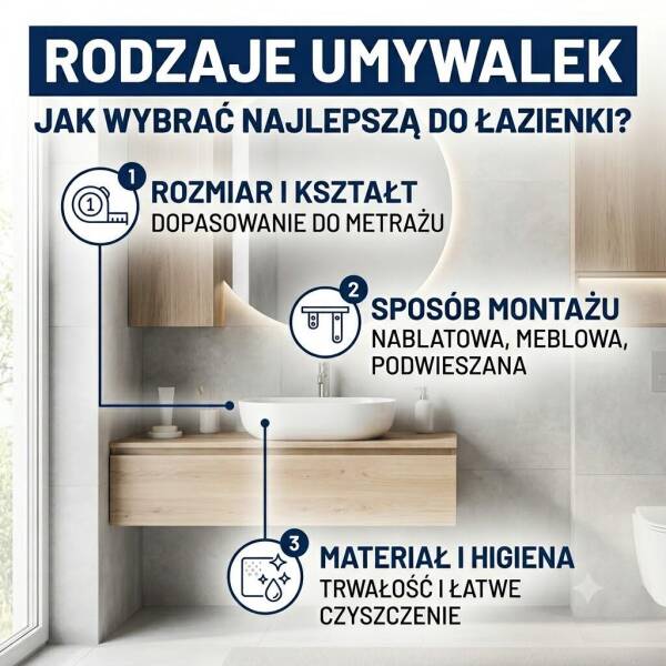 Infografika przedstawiająca jasną, nowoczesną łazienkę z białą umywalką nablatową umieszczoną na podwieszanej drewnianej szafce. Grafika zawiera trzy wypunktowane znaczniki ułatwiające wybór idealnej umywalki: 1. Rozmiar i kształt (dopasowanie do metrażu)