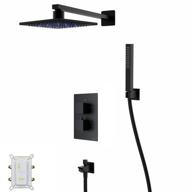 Zestaw prysznicowy Corsan Ango czarny z deszczownicą LED, baterią termostatyczną, słuchawką i wylewką
