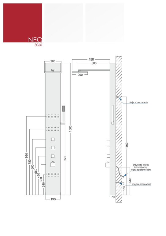 Stalowy panel prysznicowy Corsan NEO z termostatem i wylewką, (2) - Panele prysznicowe