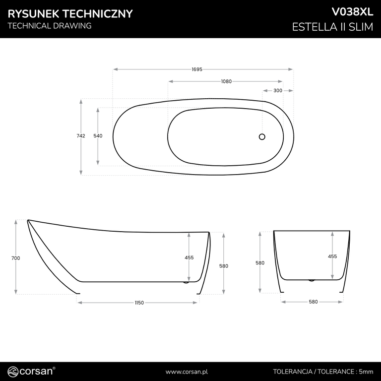 Wanna wolnostojąca ESTELLA II SLIM V038XLBGL 170 cm Korek klik klak Złoto szczotkowane, (8) - Wanny wolnostojące