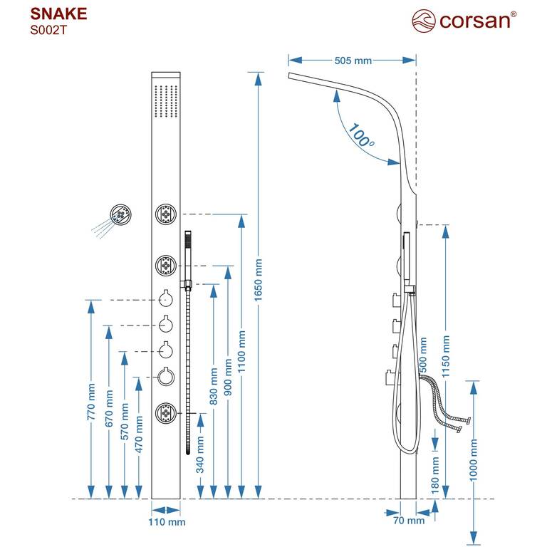Panel prysznicowy stalowy Corsan SNAKE S002TGM Termostat Grafti GunMetal, (5) - Panele prysznicowe