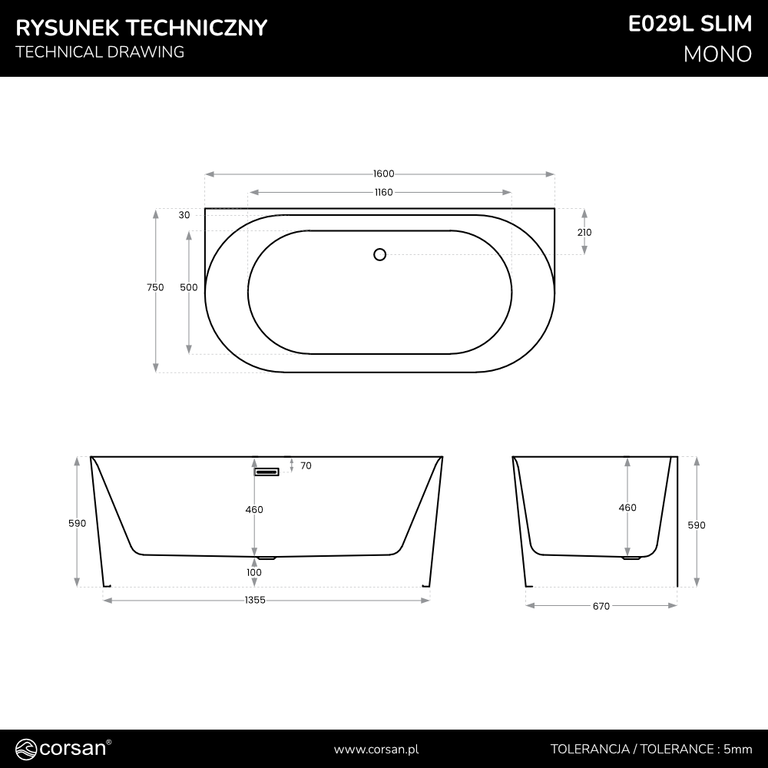 Wanna przyścienna MONO E029LSCH Slim 160 cm Korek klik klak Chrom, (6) - Wanny wolnostojące