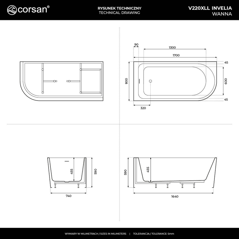 Rohová vana INVELIA V220XLLGM 170x80 cm Levostranná instalace Klik-klak zátka Gunmetal, (4) - Wanny wolnostojące