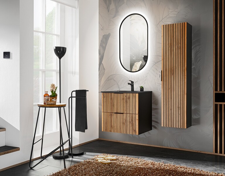 Szafka pod umywalkę 80 cm czarne ryfle dąb wotan XILO BLACK WOTAN 82-80, (6) - Xilo